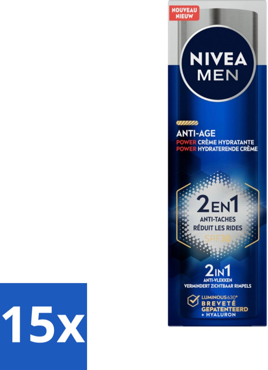 NIVEA MEN - Anti-Age 2in1 Power - Hydraterende Crème Gezicht SPF 30 - 50 ml - Bulkverpakking - 15 stuks