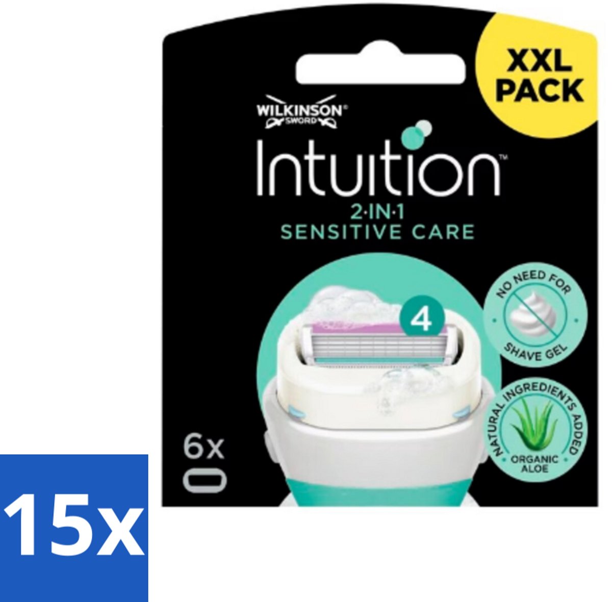 Wilkinson Intuition - Navulmesjes - 2 in 1 Sensitive Care - Voor Gevoelige Huid - 6 mesjes - Bulkverpakking - 15 stuks