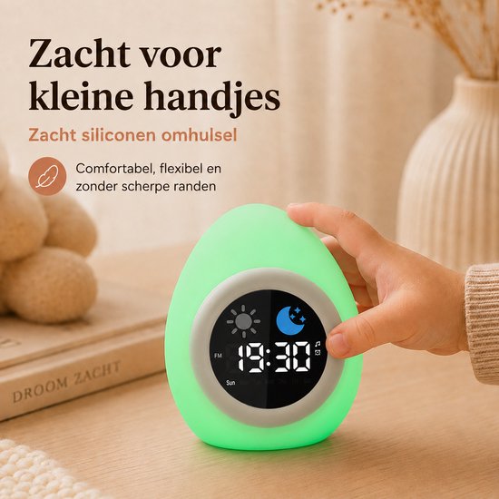Sercano Slaaptrainer Kinderen Siliconen - Kinderwekker met Nachtlampje - Witte Ruis & 8 Geluiden - Valbestendig - Digitale Wekker - Tik voor 9 Kleuren - 1800mAh - Oplaadbaar van Sercano — afbeelding 4