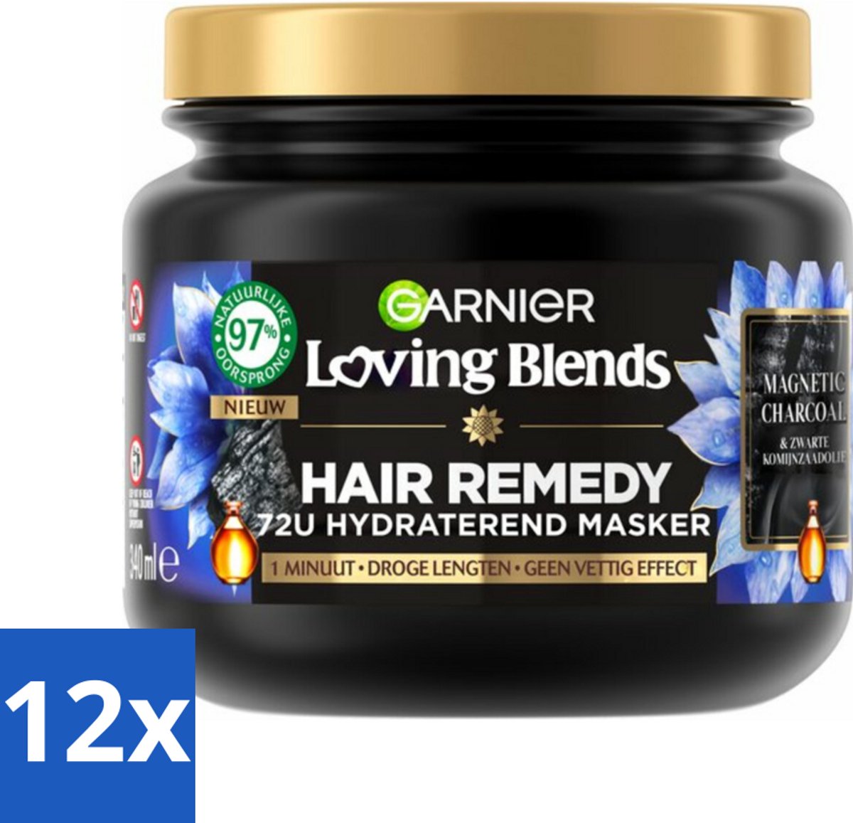 12 x Garnier - Loving Blends Magnetic Charcoal - Haarmasker - Droge Lengtes - 340 ml - Haar Masker - Droge Haren - Haarmasker - Hydraterend Masker - Zwarte Komijnzaadolie