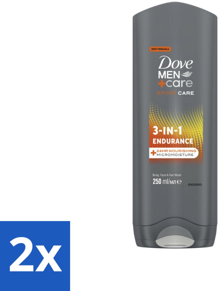 2 x Dove Men+Care 3-in-1 Douchegel - Sport - 250 ml - 3-in-1 Douchegel - Sportdouche - Mannenhuid - Hydratatie - MicroMoisture