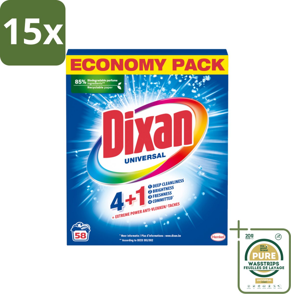 15 x Dixan - Waspoeder - Voor universele was - 58 wasbeurten - Grootverpakking - Waspoeder - Vlekverwijdering - Kleurbehoud - Wasmachine - Wasmiddel
