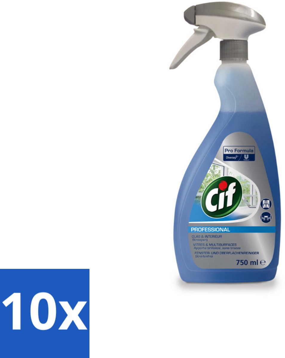 10 x Cif Glas- en Ruitenreiniger - Spray - Streeploze Glans - Voor Ramen en Spiegels - 750 ml - Glas Reiniger - Ruiten Reiniger - Spiegels Reiniger - Streeploze Glans - Ramen Reiniger