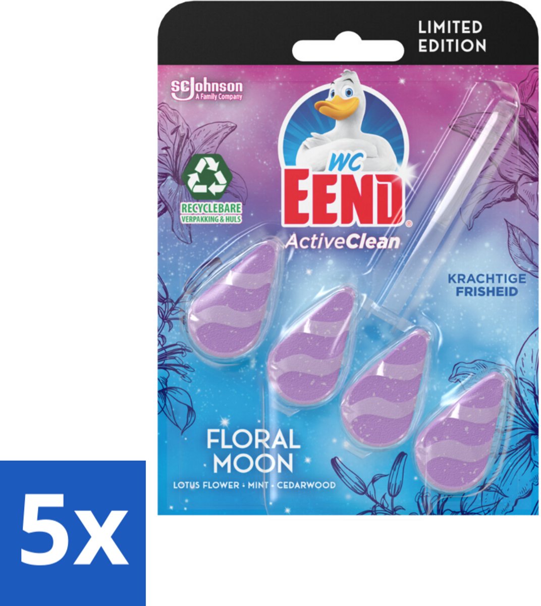 5 x WC Eend - Active Clean Floral Moon - Toiletblok - Lotus, Munt & Cederhout Geur - 38 gr - Toiletblok - Actieve Reiniging - Geur Toilet - Floral Moon - Lotus Munt Cederhout