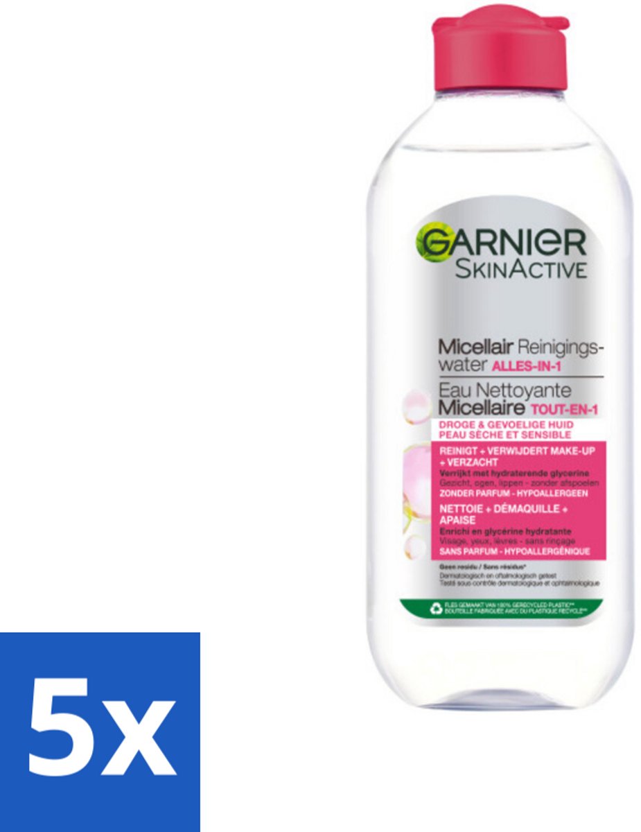 5 x Garnier - SkinActive - Micellair Reinigingswater - Droge & Gevoelige Huid - Hydraterend & Reinigend - 400 ml - Micellair Reinigingswater - Droge Huid - Gevoelige Huid - Make-up Verwijderen - Reinigen Zonder Spoelen