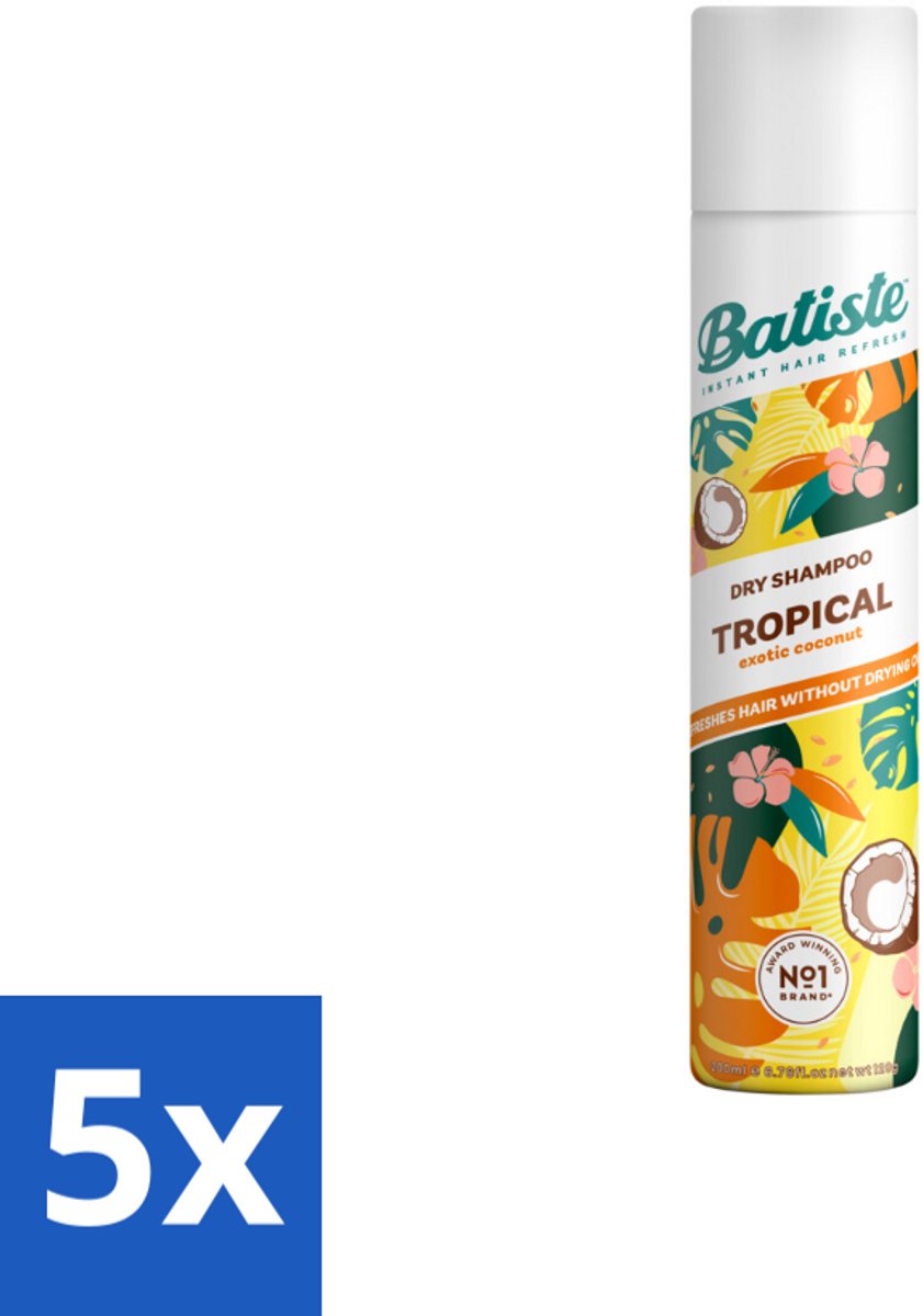 5 x Batiste - Tropical - Droogshampoo - Tropische Geur - Verfrist en Stylet - 200ml - Droogshampoo - Tropische Geur - Fris Haar - Vet Haar - Volume Haar