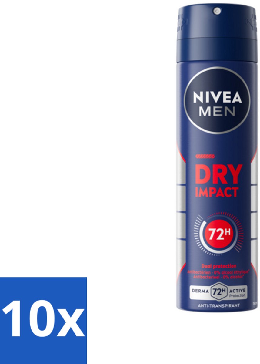 10 x NIVEA MEN - Deodorant Spray - Dry Impact - 150 ml - Deodorant Spray - Anti-Transpirant Spray - Droog Huidgevoel - 72 Uur Bescherming - Mannenverzorging