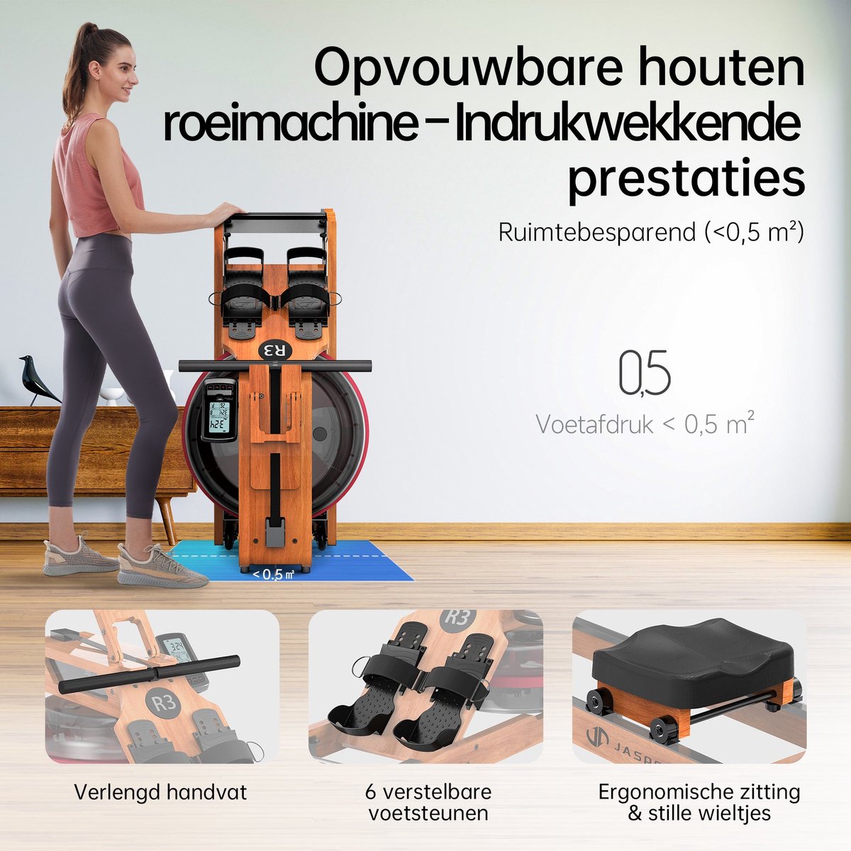 JASPORT R3 Opvouwbare Waterroeier voor Thuis – FSC-gecertificeerd Eikenhout, 28 L Watertank, Bluetooth, Kinomap, LCD-display, Max. 150 kg, Kersenhoutkleur thumbnail 6