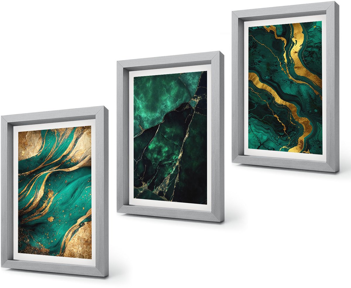 Coloray 4-Delige Schilderij Set - Elegante abstracte steenpatronen - 20 x 30 cm - Wanddecoratie - Muurdecoratie - Moderne Interieurdecoratie - Woonkamer Decoratie Zilveren lijst