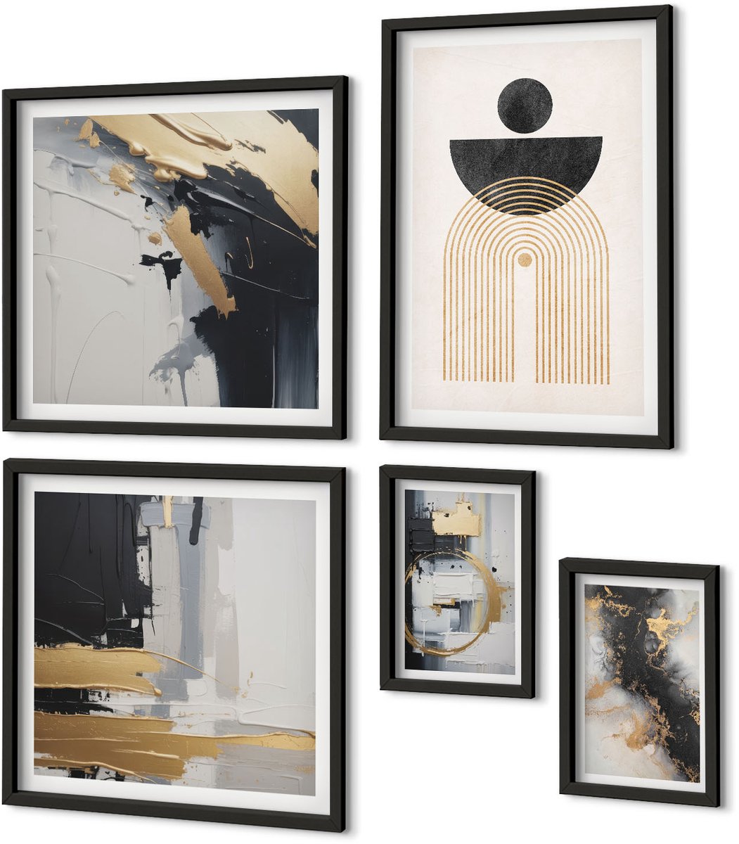 Coloray 5-Delige Schilderij Set - Abstracte Composities In Een Moderne Stijl Met Geometrische Vormen. - 50 x 50 cm, 20 x 30 cm En 40 x 60 cm - Wanddecoratie - Moderne Interieurdecoratie - Woonkamer Decoratie Zwarte lijst