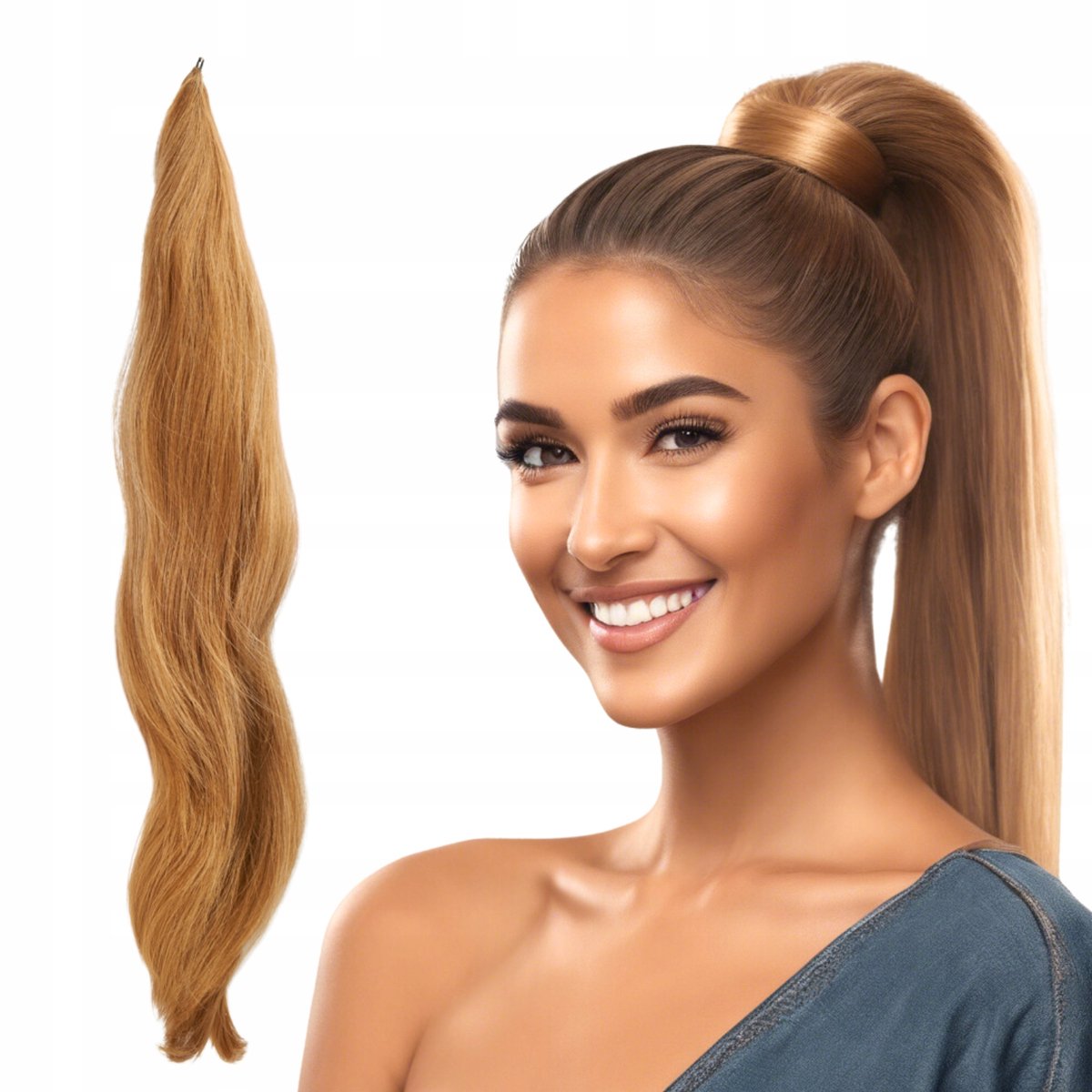 Merkloos Clip-in Paardenstaart 50cm - Warm Donkerblond Toffee Haar