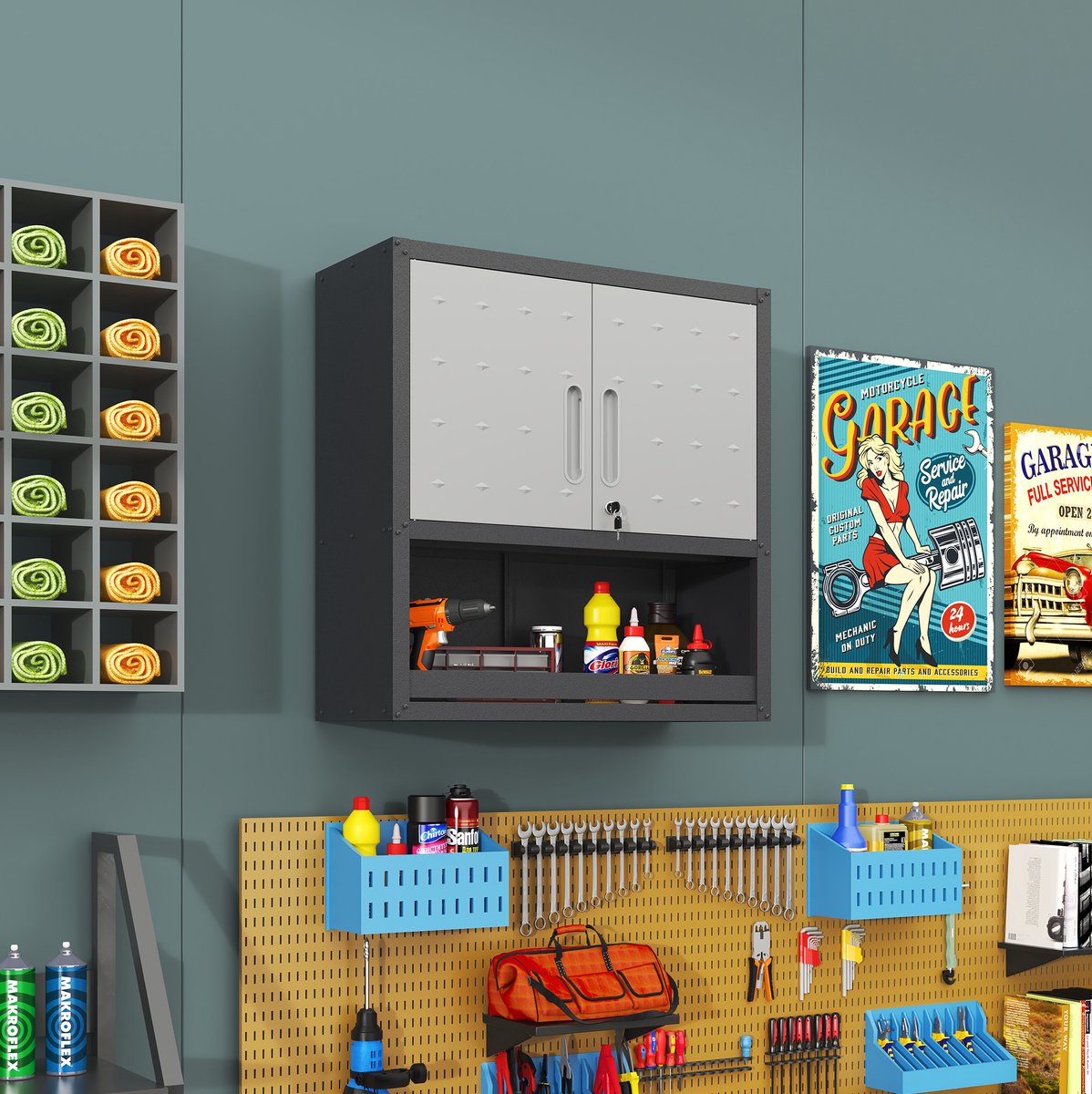 REDOM - Wandmontierbare metalen gereedschapskast - Afsluitbare deur - Open vak - Met 1 legplank - Industriële stijl - Garage, magazijn, kantoor - Metaal - Grijs - 75 x 77 x 30 cm
