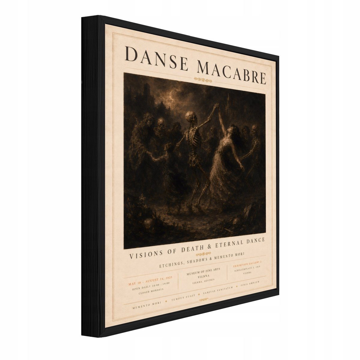 WALLARENA Schilderij op canvas met zwarte lijst - 120x80 cm - Danse Macabre in gotische vintage stijl - voor slaapkamer en woonkamer Beige