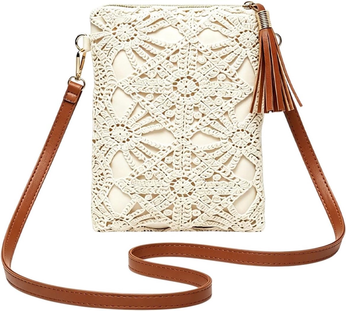 Handtassen für Damen Weiß Gestreekte kruiszak Mini Handtas Handgeweven katoenpunt Zomer Strandboho Tagelijk Casual - ShopVlot