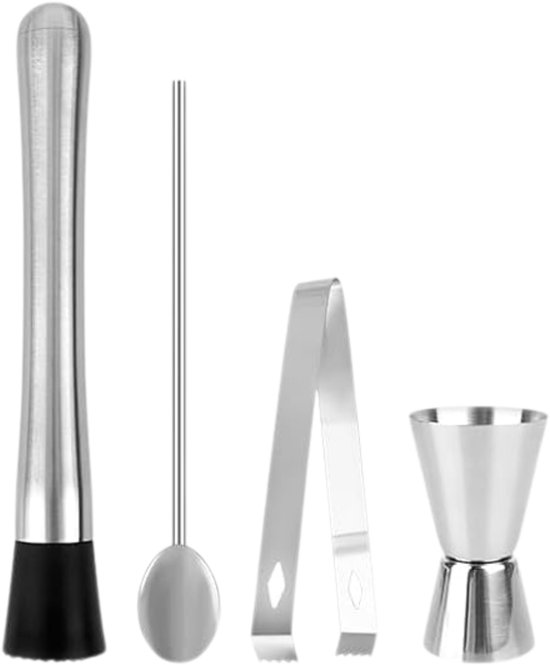 QUOVO® IJscrusher - Roestvrijstalen Cocktail Stamper met Cocktaillepel - Barman Set - Mojito Stamper - IJsvergruizer - Stamper - Shaker met Maatbeker - Bar Accessoires voor Keuken - Restaurant - Zilver - 22cm x 15cm x 4cm van Quovo — afbeelding 5
