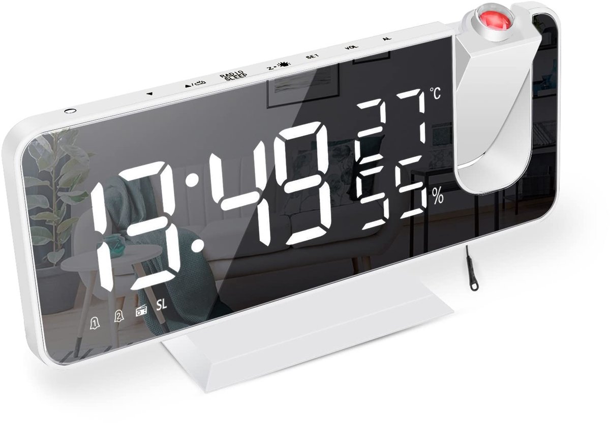 Wekker met projectie - 7,5 inch LED-display - FM-radio - Dubbel alarm met snooze - ShopVlot