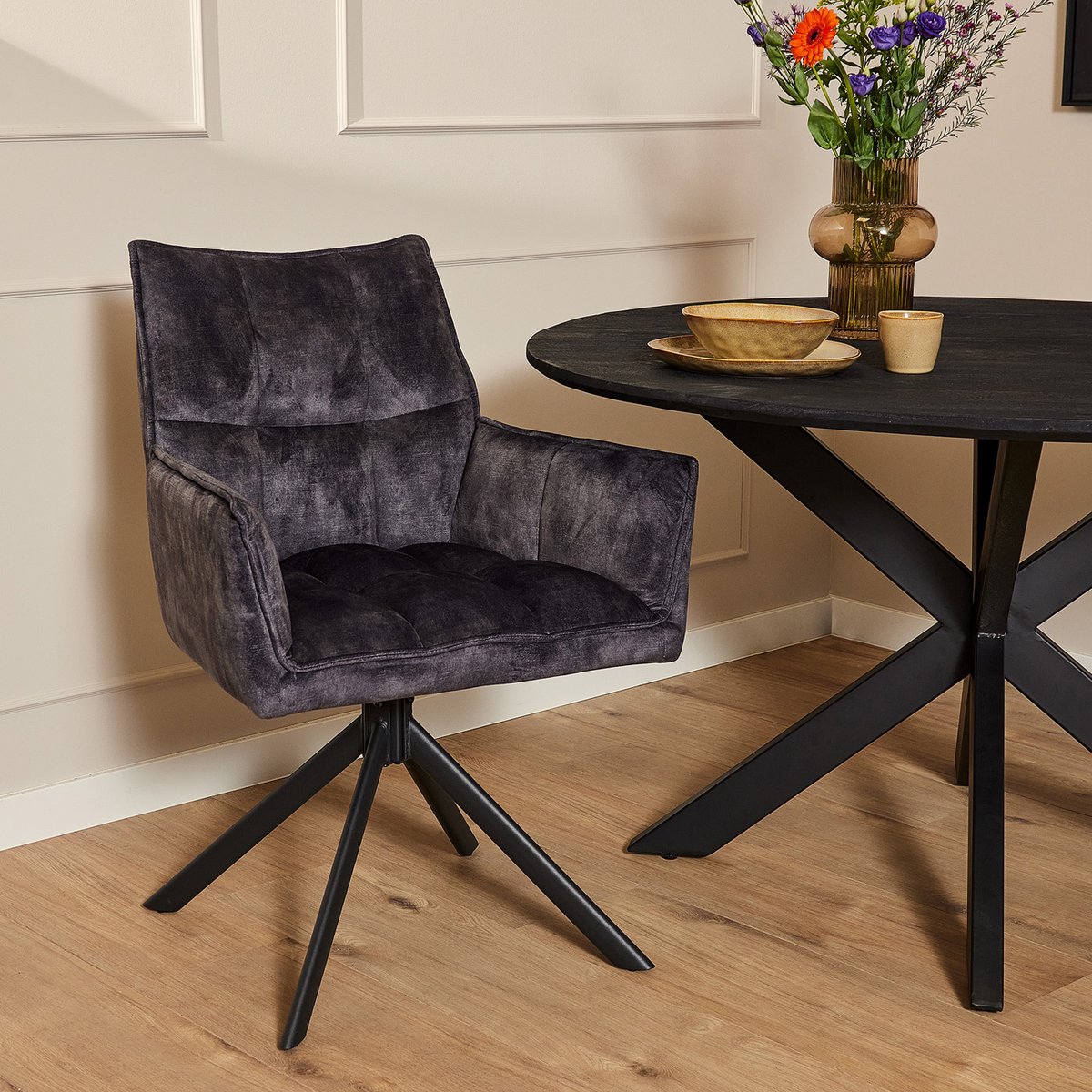 StarFurn Eetkamerstoel Dani - Antraciet Velvet - Draaibaar - Set van 2