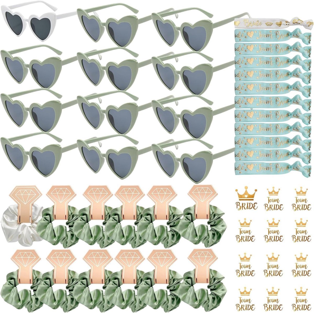 EVJF Accessoires - hartvormige bril - teambruid-armbanden - haarelastiekjes en stickers - ShopVlot