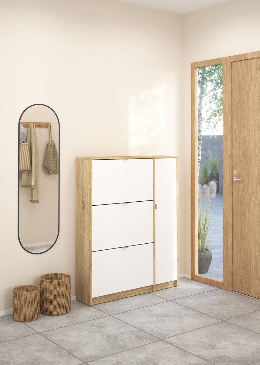Giga Living Schoenenkast Shoes - Wit/Naturel - Incl. Spiegel - 99x24x124cm