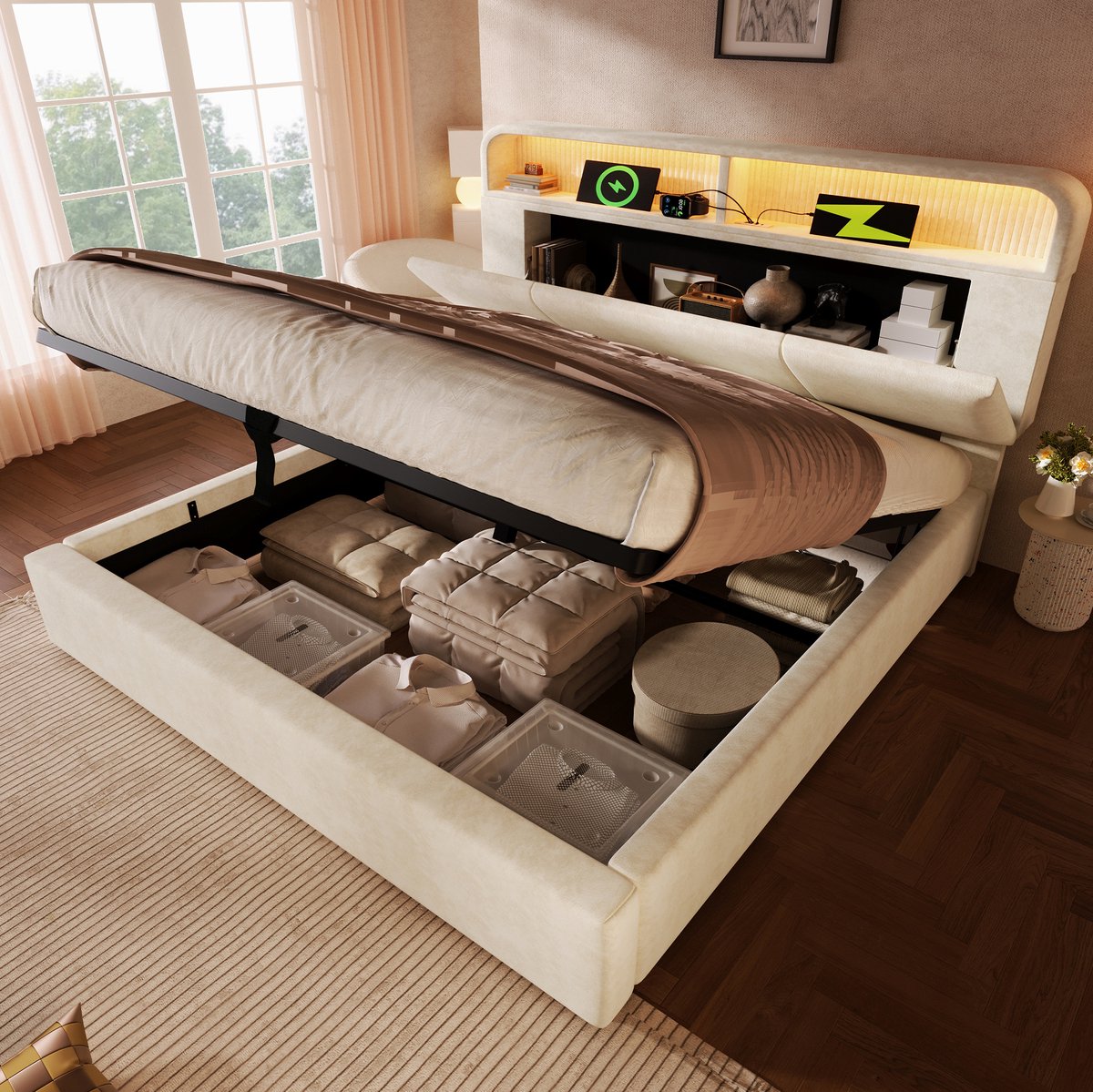 REDOM Bed - Hoofdbord met opbergruimte en LED-verlichting - Hydraulisch opklapsysteem - Verstelbaar hoofdeind - Moderne stijl - Slaapkamer - Stof, hout, metaal - Beige - 211 x 165 x 100/110 cm