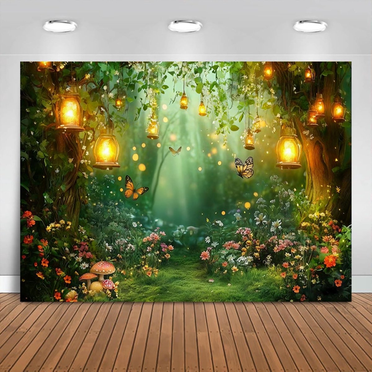 2,1 x 1,5 m achtergrond, betoverd bos, fee, wonderland, tuin, paddenstoel, vlinder, bos, fotografie, achtergrond - ShopVlot