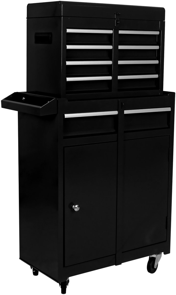 REDOM - Gereedschapskast - 5 lades - Rollende opbergkast met 4 wielen - Met verstelbare plank en deurhaken - Werkplaats en garage - Staal - Zwart - 56,5 x 32,5 x 68 cm