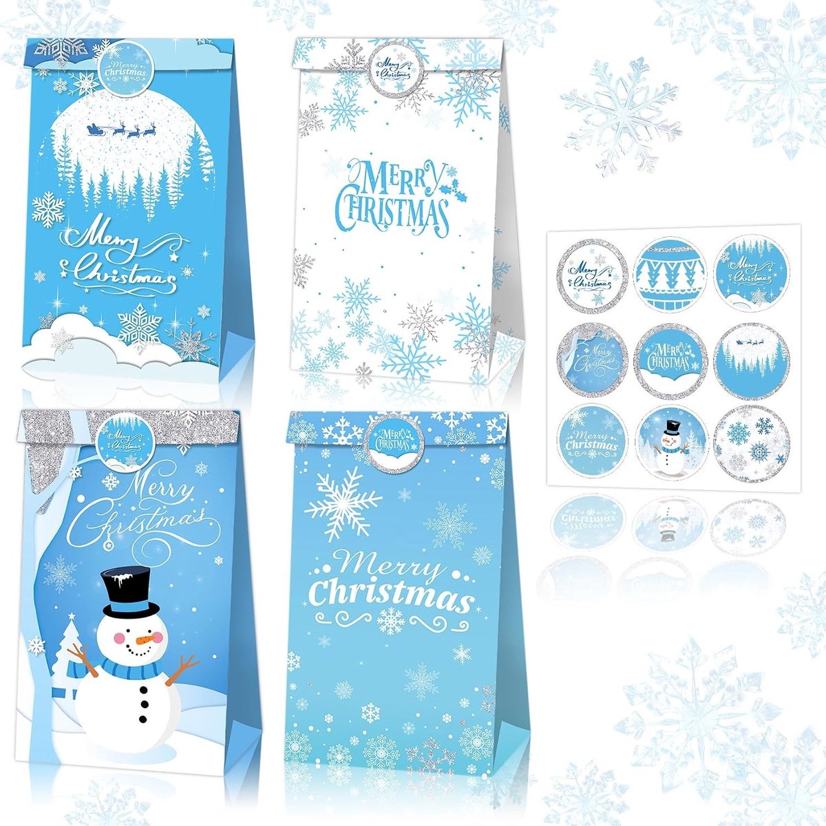 Papieren Kerstzakken - Blauw - 22 x 12 x 8 cm - Herbruikbaar Kraftpapier met Kerststickers - Voor Cadeaus en Feestaccessoires