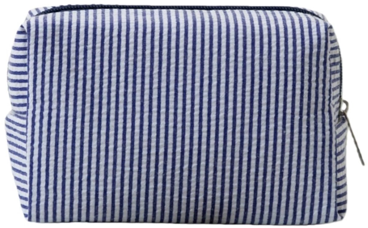 Cosmetische make-uptas grote maten - gestreept seersucker - donkerblauw - perfecte reisopslag - ShopVlot