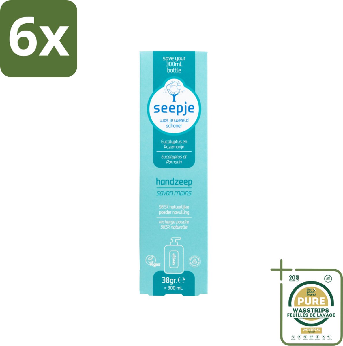 Seepje - Handzeep - Natuurlijke Geur & Verzorging - Eucalyptus en Rozemarijn - Navulverpakking - 34 g - Voordeelverpakking - 6 stuks - Eucalyptus - Rozemarijn