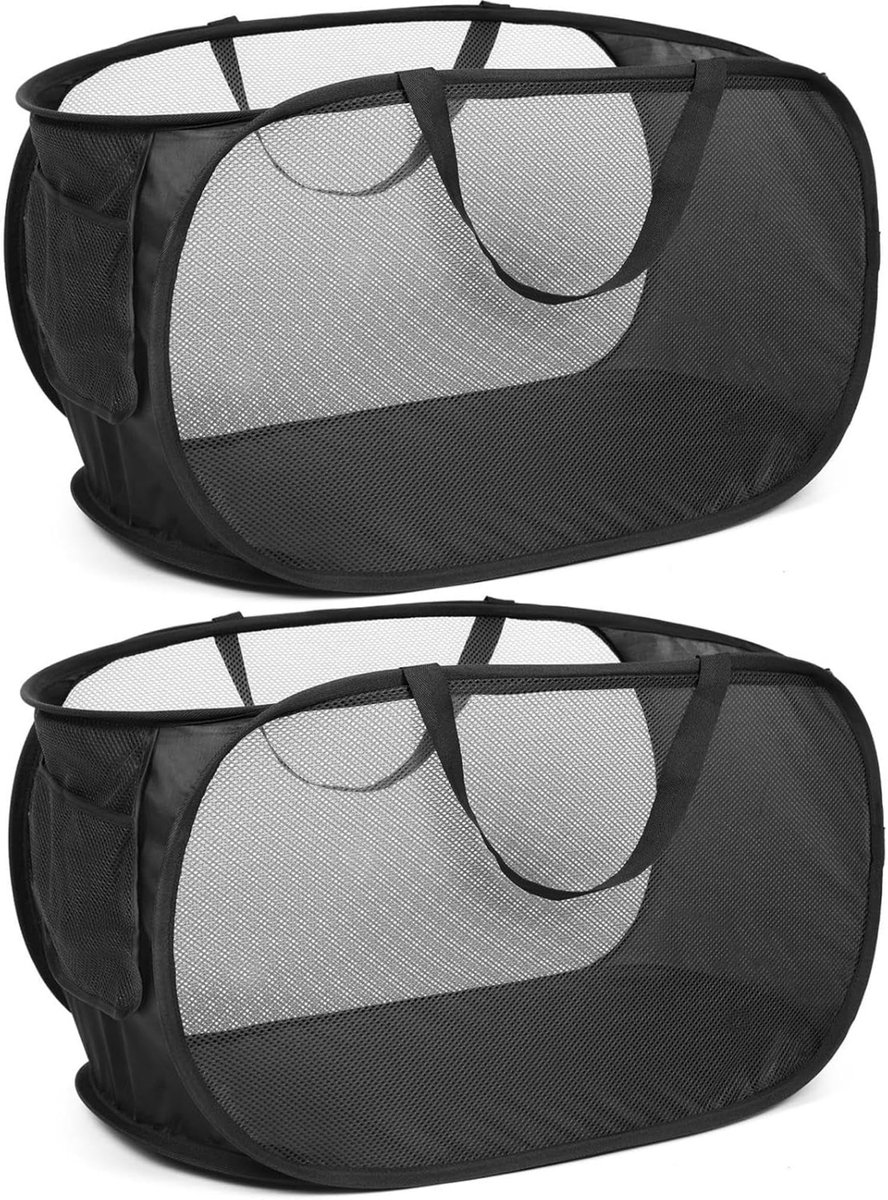 Opvouwbare wasmand 75 l - pop-up wasmand zwart - ademend mesh - ruimtebesparend voor badkamer - ShopVlot