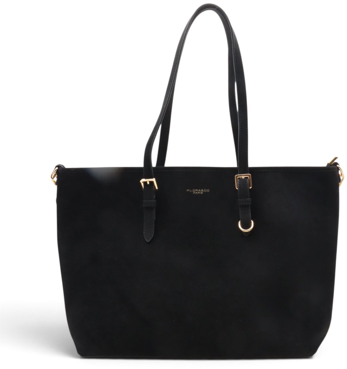 Flora&Co - STELLA - suède look - grote handtas/tote bag met lange instelbare draagriem - zwart - geschikt voor A4 - ideaal voor school- of werktas