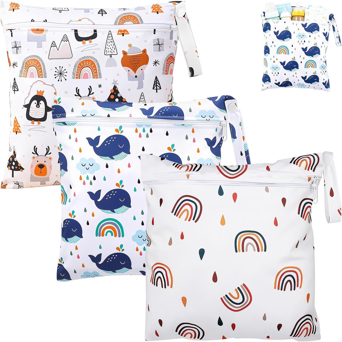 Set van 3 wasbare luierzakken, nat, nat en droog, badpaktas, Wit, walvis, regenboog, pinguïn - ShopVlot