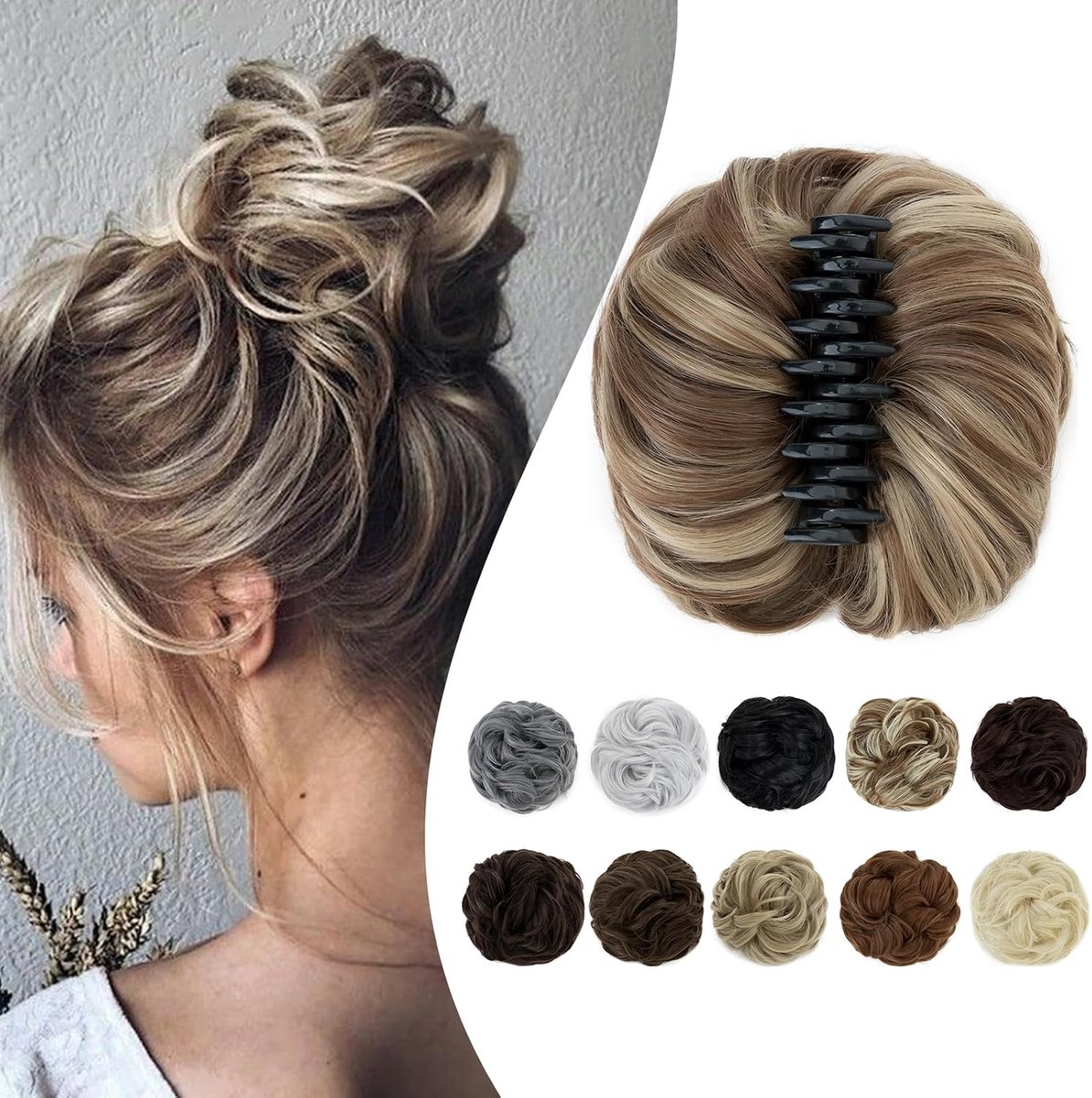 Elailite Hair Piece Clip Hair Bun, Hair Bun, Hair Bun, Hair Elastic with Hair, #12H24, Light Brown/Ash Blonde, Hair - ShopVlot