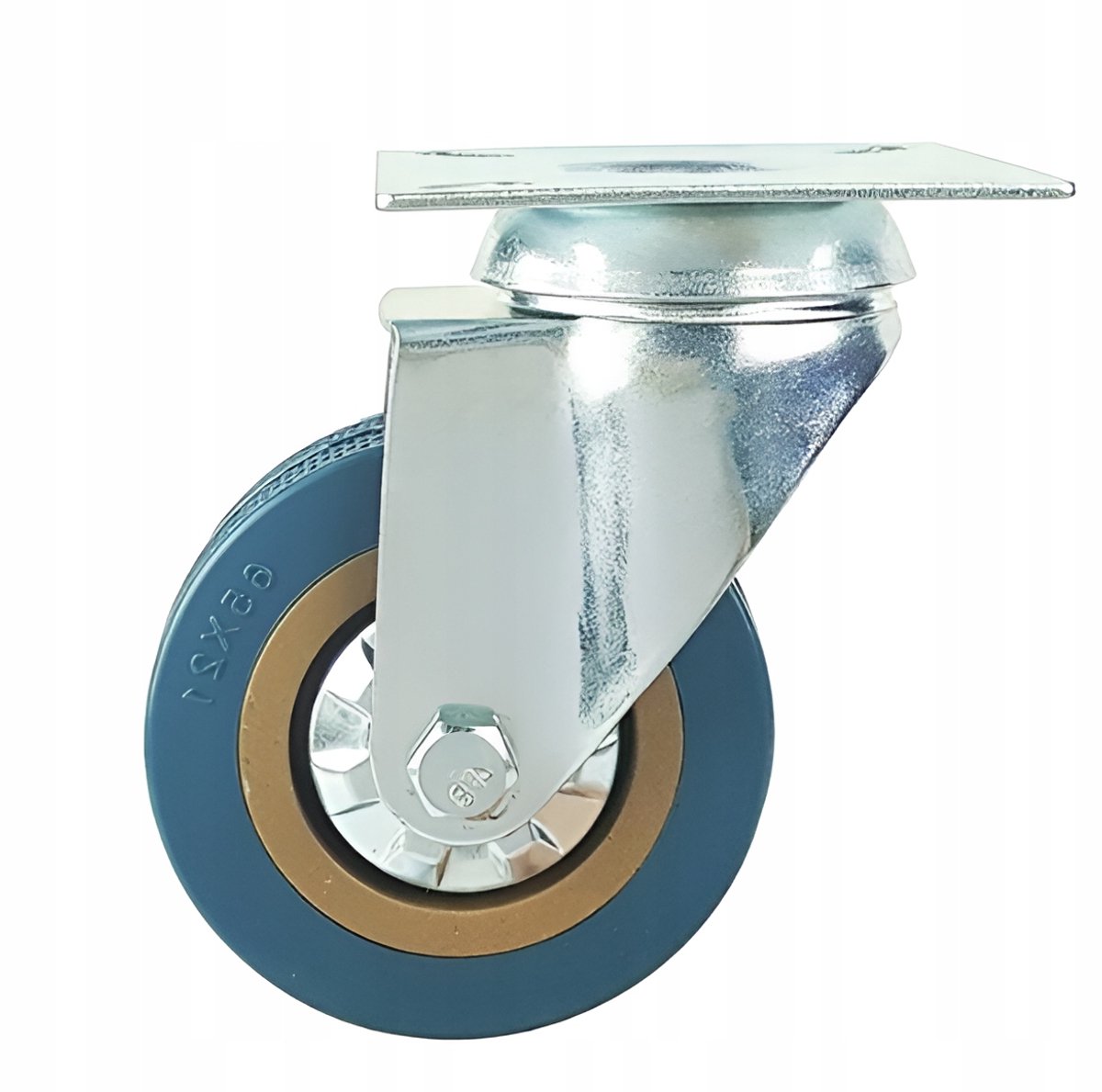 Zwenkbaar wiel 100mm PVC, 55kg draagvermogen, blauw, montageplaat