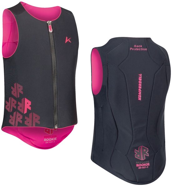 Zwart en roze kinder-rugprotectorvest, voor- en achteraanzicht, met rits en 'Restless Rookie' logo.