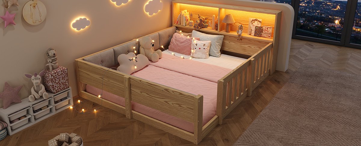 MIVRAY Kinderbed 140x200 Cm - Normaal Bed Met Veiligheidshekken en LED Verlichting - Met Opberghoofdbord - Zonder Matras - MDF Stof Natuur