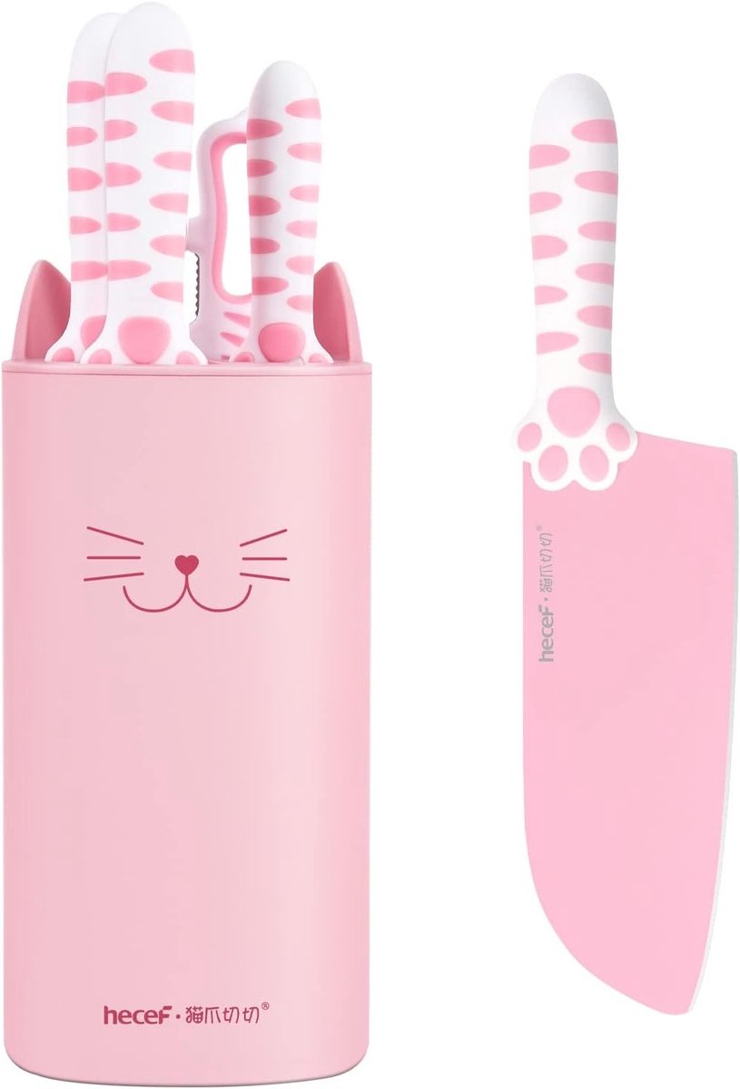 Zesdelige messenset - Roze - Inclusief afneembaar kattenvormig messenblok en schaar - Roestvrijstalen keukenmessen voor dagelijks gebruik
