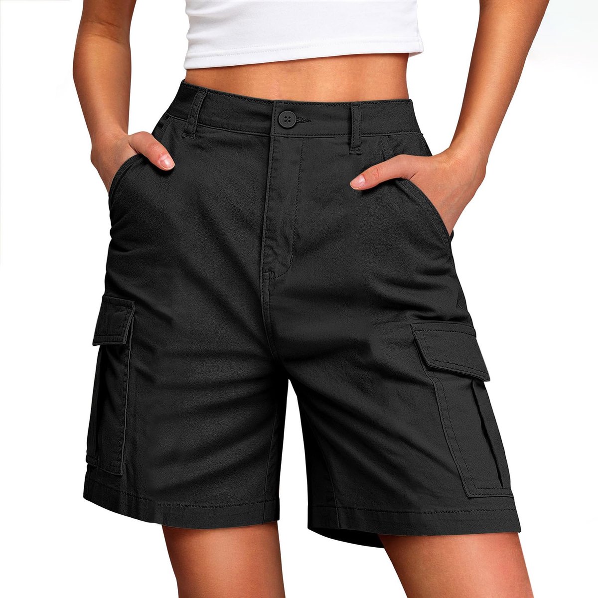 Youkly Cargoshorts voor dames, knielengte met meerdere zakken, Zwart, M - ShopVlot