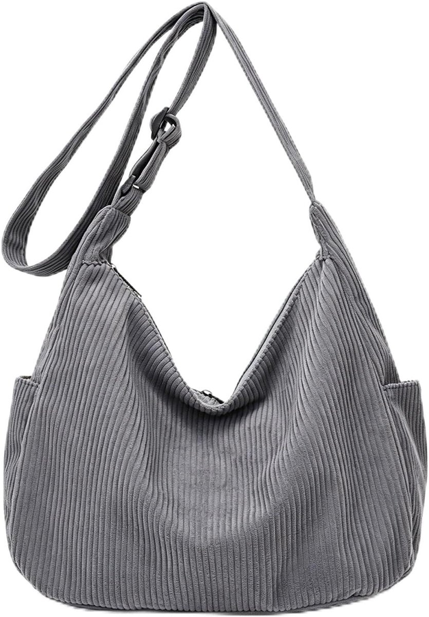 Crossbody tas dames met ritssluiting, grijs corduroy schoudertas - ShopVlot