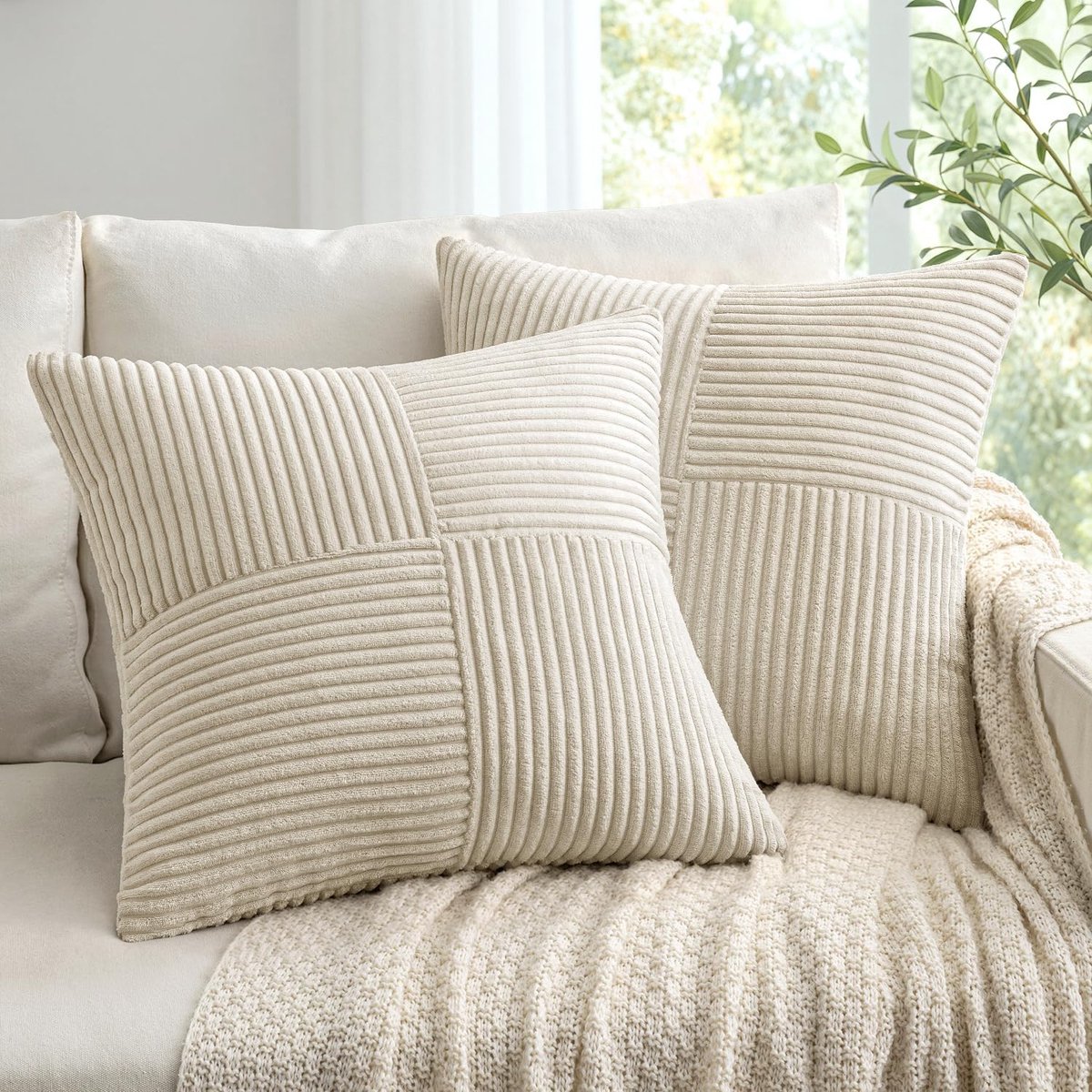 Kussenhoezen 40 x 40cm - Beige Katoen Corduroy - Decoratief Boho Design - Perfect voor Sofa en Bed - ShopVlot