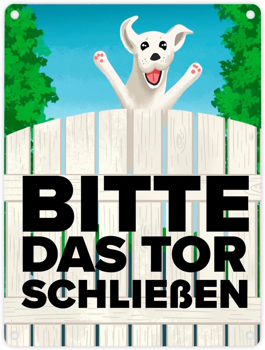 Metalen bord sluiten de poort 15x20cm - grappige witte hond - waarschuwing voor tuinpoort - ShopVlot