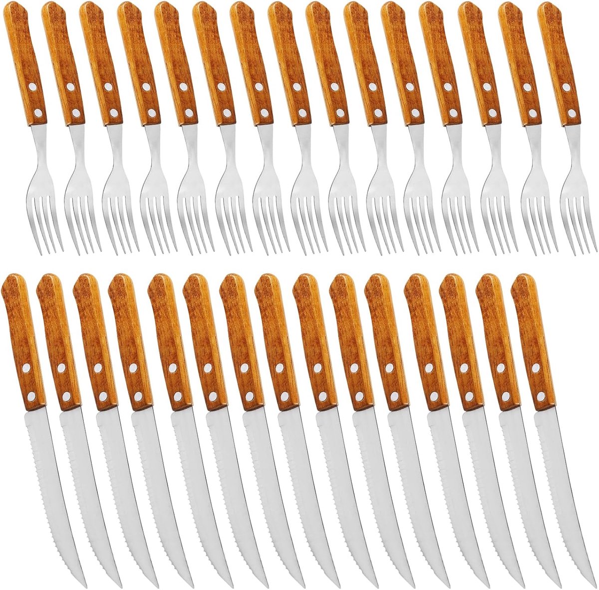 Steakbestek set 30-delig - roestvrij staal en hout - scherp getande messen - perfect voor 15 personen - ShopVlot