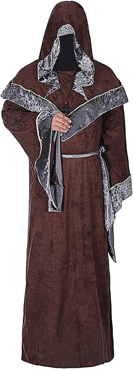 Men's Halloween Mystical Wizard Robe Hooded Costume (Brown, L) - ShopVlot