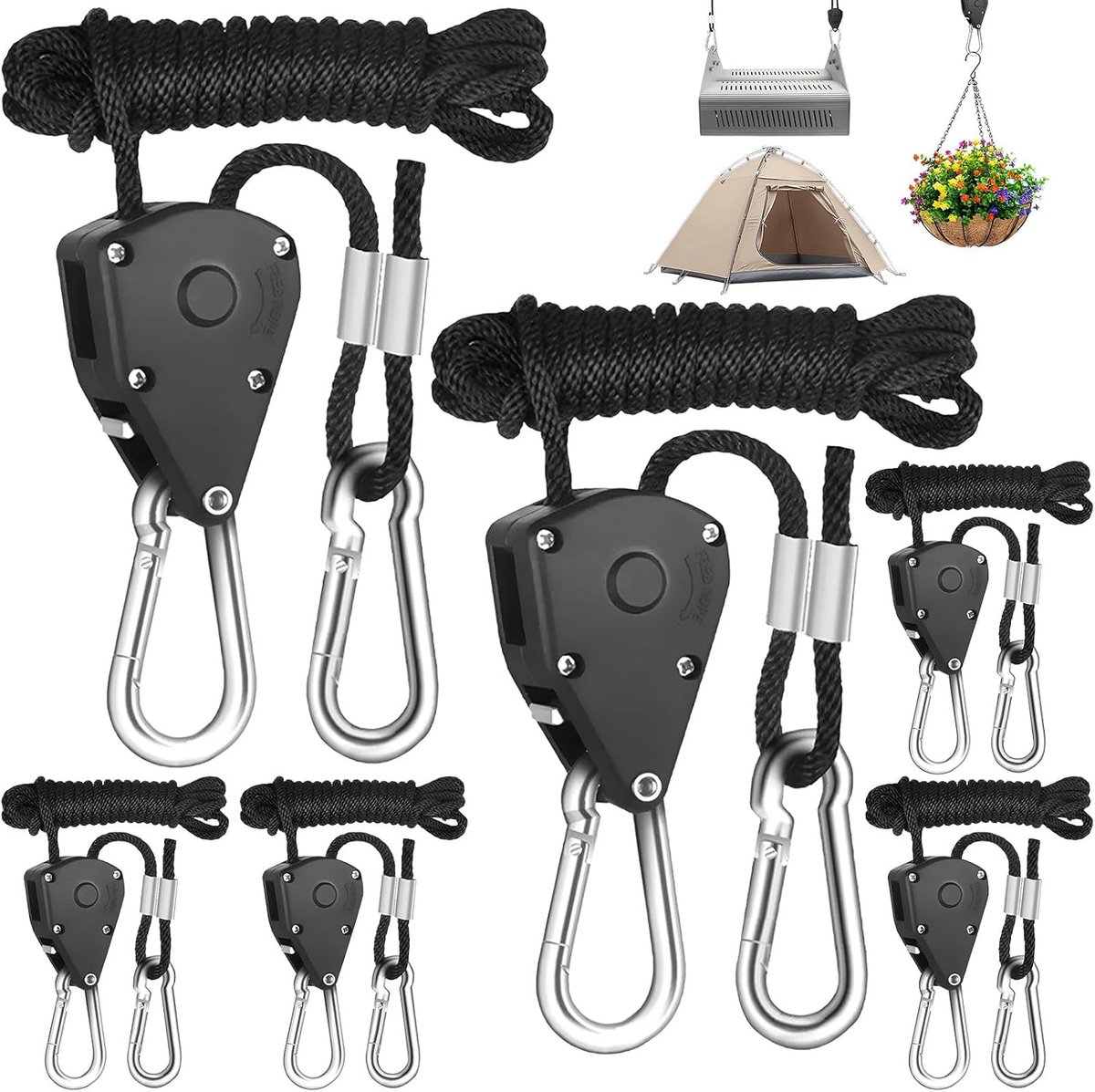 6 Pcs Heavy Duty Ratchet Hangers with Carabiners, 1/8 Inch Adjustable Rope Ratchet, 2.4m Guy Ropes, Retractable Metal - ShopVlot