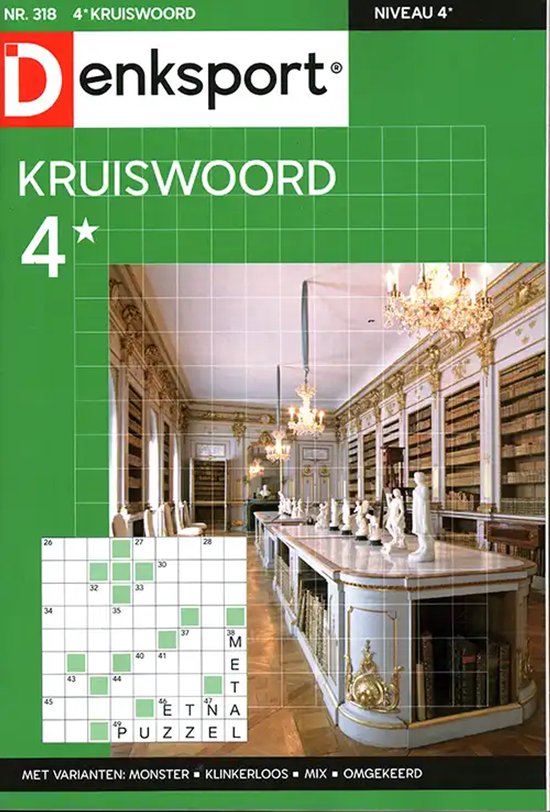 Denksport Kruiswoord 4* nummer 318 met niveaus en puzzelstukjes. Achtergrond van een luxe bibliotheek.