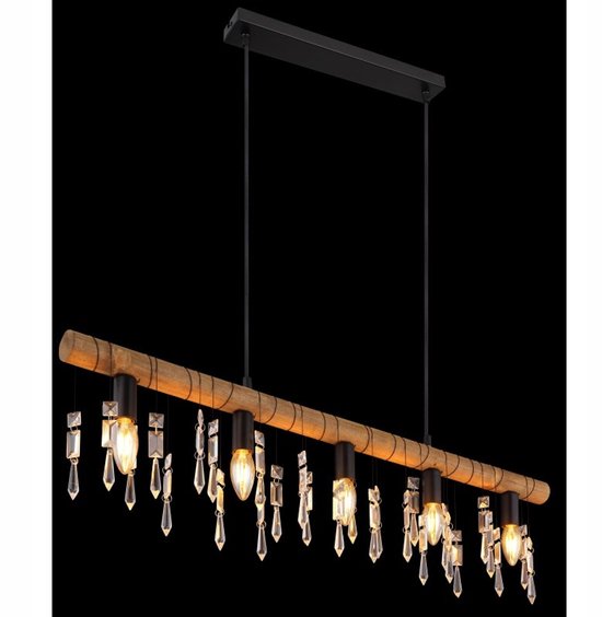 Merkloze hanglamp KIRA met kristallen en houtlook, 5xE14 van Merkloze. — afbeelding 4