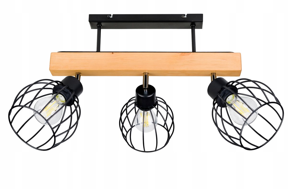 Houten balk hanglamp E27, 3 metalen kappen, zwart/hout, loftstijl