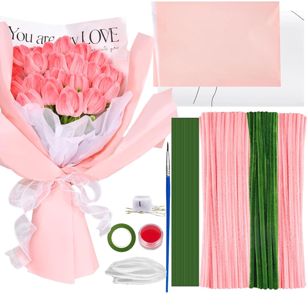 Pijpenreiniger bloemenset - Roze groene pijpenreiniger - 200 stuks voor knutselen - Creëer unieke tulpenboeketten - ShopVlot