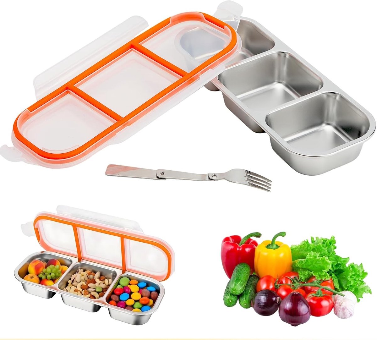 Snackbox met 3 Vakken - Roestvrij Staal - Voor School, Werk en Camping