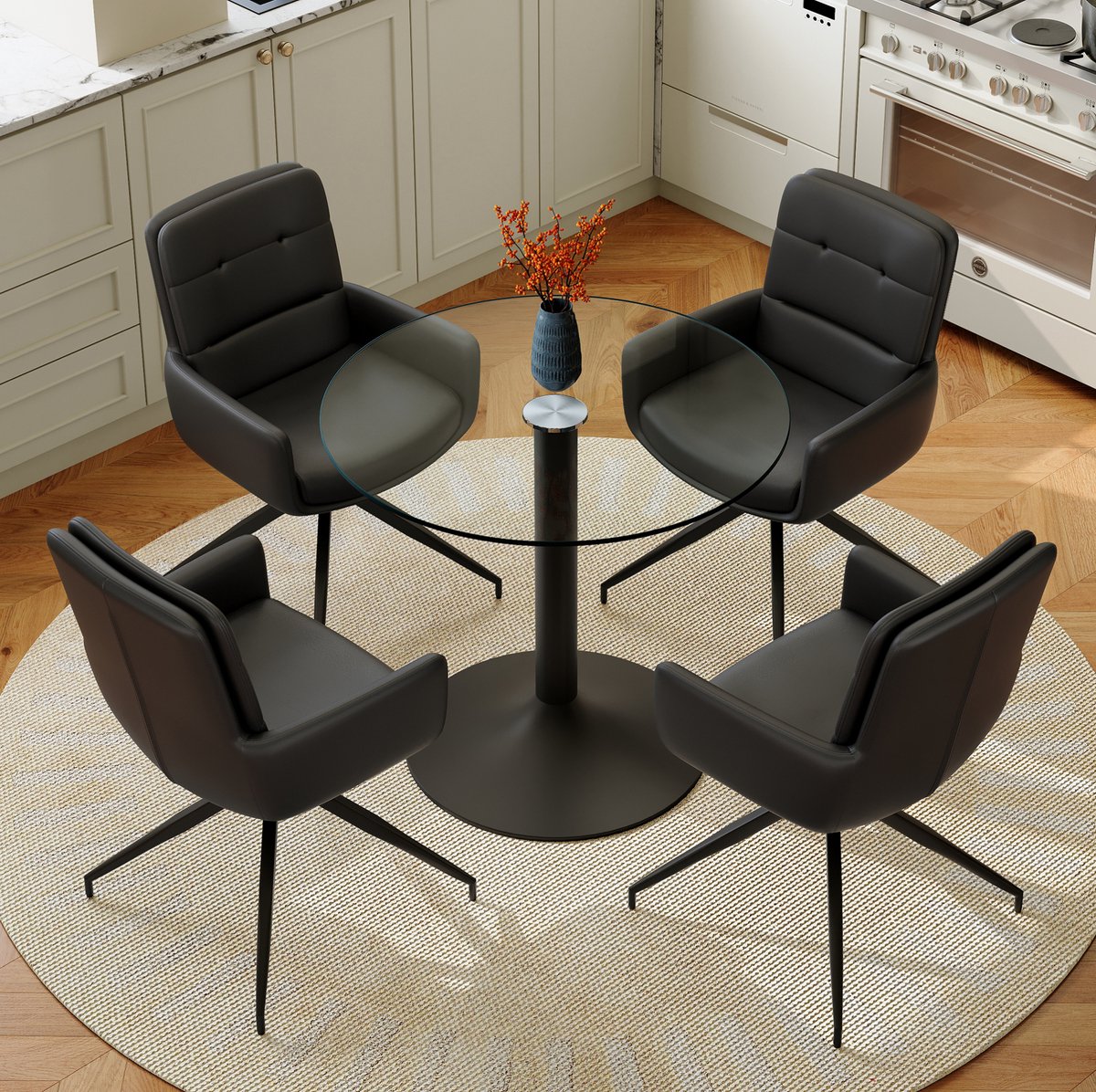 Wishdor Ronde eettafelset met 4 stoelen - Modern design met gehard glas en PU - 360° draaibare eetstoelen met armleuningen - Zwart transparant - Ø 85 cm